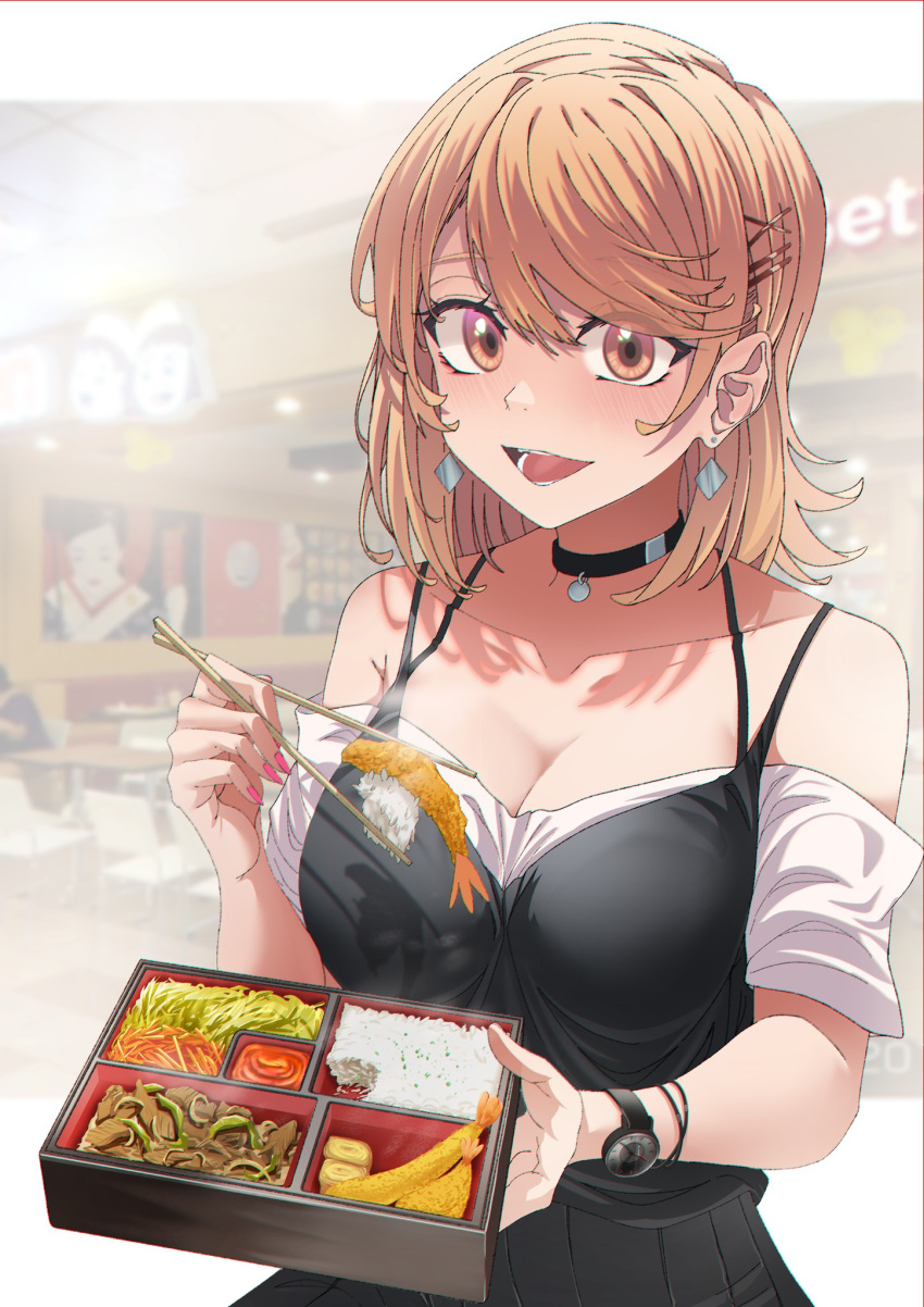 bento black_camisole black_choker black_wristband blurry blurry_background breakdiamond breasts brown_eyes brown_hair camisole choker chopsticks cleavage collarbone commentary depth_of_field earrings english_commentary female food hair_ornament hairclip highres holding holding_chopsticks jewelry juubako large_breasts looking_at_viewer medium_hair nail_polish off_shoulder open_mouth original pink_nails rice shirt short_sleeves shrimp shrimp_tempura solo steam swept_bangs tempura watch white_shirt wristwatch