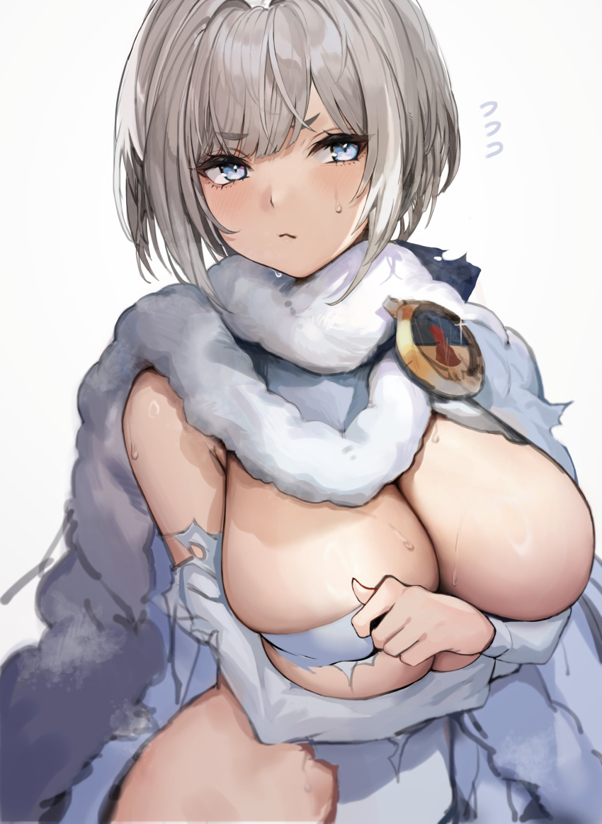 absurdres akershus_fortress_(oshiro_project) arm_under_breasts badge blue_bow blue_cape blue_eyes blush bow breasts cape commission covering_breasts covering_nipples covering_privates cyobiro embarrassed female flying_sweatdrops fur-trimmed_cape fur_trim grey_hair hairbow highres huge_breasts long_sleeves looking_at_viewer oshiro_project:re second-party_source shirt simple_background skeb_commission solo sweatdrop torn torn_clothes torn_shirt white_background white_shirt