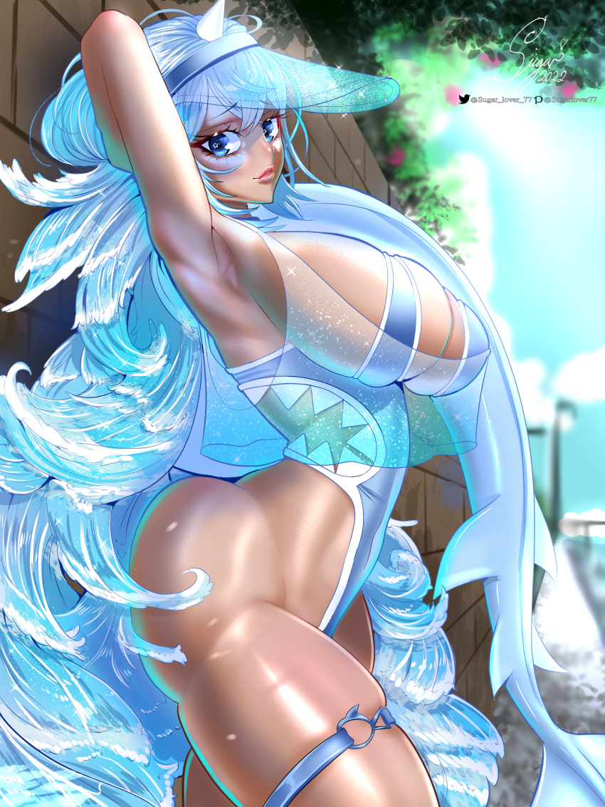 2022 arm_behind_head blue_eyes blue_hair blue_one-piece_swimsuit breasts brick_wall commission curvy dark-skinned_female dark_skin eyelashes female fins fish_tail from_side highleg highleg_one-piece_swimsuit highres horns indie_virtual_youtuber lips long_hair one-piece_swimsuit pixiv_username see-through_hat shark_tail signature single_horn solo star_(symbol) star_in_eye sugarlover77 swimsuit symbol_in_eye tail thigh_strap thighs trinity_infinity twitter_username virtual_youtuber visor_cap