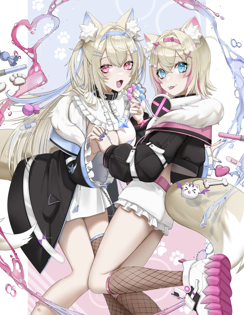 2girls :3 :d :p absurdres animal_collar animal_ear_fluff animal_ears bandaid bandaid_hair_ornament belt bib_collar black_collar black_jacket blonde_hair blue_eyes blue_hair blue_hairband blue_nails breasts brown_socks brown_thighhighs candy cartoon_bone center_frills claralukika cleavage collar colored_shoe_soles commentary_request cookie cropped_jacket crossed_bangs detached_collar dog_ears dog_girl dog_tail double-parted_bangs doughnut dress fake_horns fangs fishnet_socks fishnet_thighhighs fishnets food frilled_shirt_collar frilled_shorts frilled_sleeves frills fur-trimmed_jacket fur_trim fuwawa_abyssgard fuwawa_abyssgard_(1st_costume) hair_between_eyes hair_intakes hair_ornament hairband hairclip headphones headphones_around_neck highres holding holding_food holding_hands hololive hololive_english horns interlocked_fingers jacket kneehighs large_breasts liquid long_hair long_sleeves looking_at_viewer mococo_abyssgard mococo_abyssgard_(1st_costume) multicolored_hair multiple_girls nail_polish off_shoulder perroccino_(fuwamoco) pink_belt pink_eyes pink_hair pink_nails pon_de_ring puffy_long_sleeves puffy_sleeves shoes short_dress short_hair short_shorts shorts siblings single_thighhigh sisters smile sneakers socks spiked_collar spikes streaked_hair tail thighhighs tongue tongue_out twins two_side_up virtual_youtuber white_dress white_footwear white_shorts x_hair_ornament