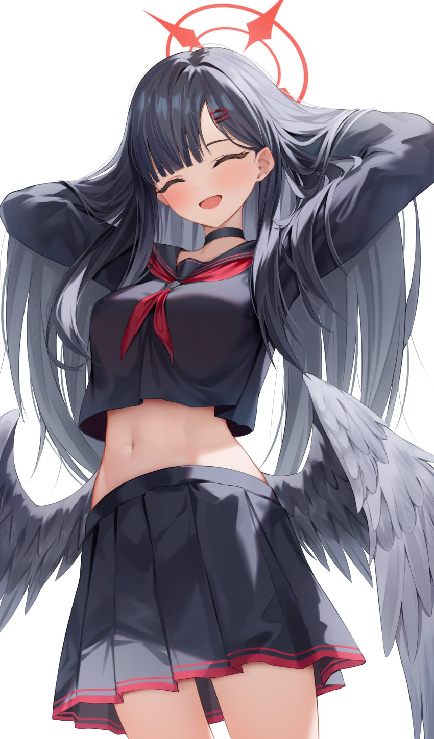 absurdres adjusting_hair arms_behind_head black_choker black_hair black_sailor_collar black_serafuku black_skirt black_wings blue_archive blush breasts choker closed_eyes cowboy_shot feathered_wings female hair_lift hair_ornament hairclip halo hand_in_own_hair hands_in_hair highres ichika_(blue_archive) long_hair long_sleeves low_wings medium_breasts neckerchief open_mouth pleated_skirt red_halo red_neckerchief sailor_collar school_uniform serafuku shuvi_(shuvi1125) simple_background skirt smile solo very_long_hair white_background wings