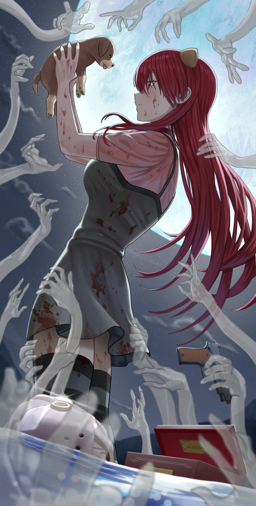 absurdres blood blood_on_clothes blood_on_face breasts canine commentary dress elfen_lied female full_moon gun handgun helmet highres holding horns large_breasts long_hair lucy_(elfen_lied) moon music_box night night_sky red_eyes red_hair short_sleeves silvertsuki sky smile solo striped_clothes striped_thighhighs thighhighs vectors very_long_hair weapon