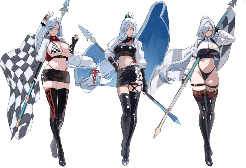 alternate_hairstyle bikini blue_eyes boots breasts checkered_flag cleavage female flag frown genshin_impact gloves hair_ornament hair_over_one_eye highres jacket large_breasts long_hair looking_at_viewer midriff navel ponytail race_queen shenhe_(genshin_impact) skirt smile swimsuit thighhighs yumeto_(ym-1)