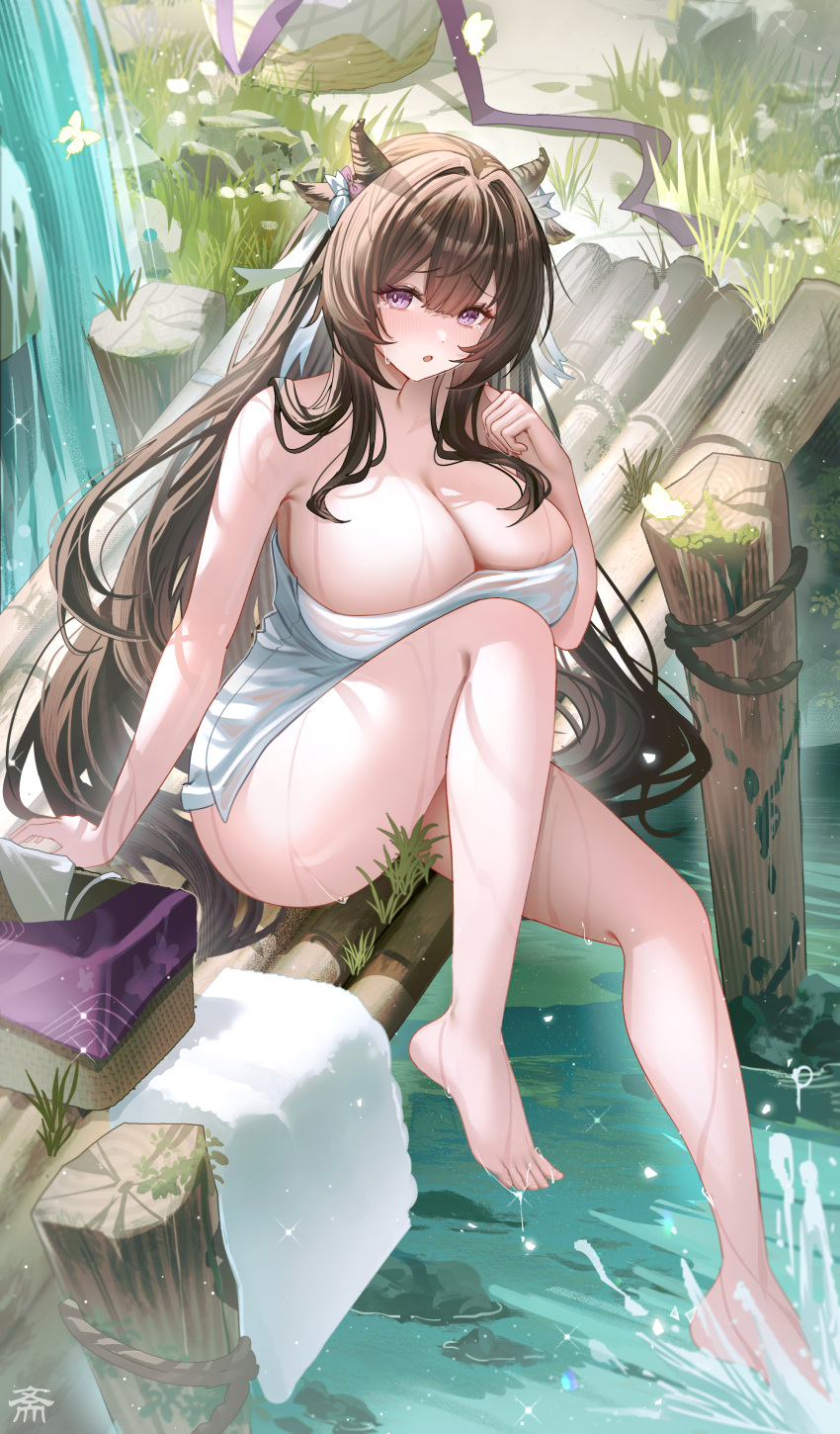 :o absurdres azur_lane bare_arms bare_shoulders blush breasts brown_hair cleavage cow_horns day female highres horns kashino_(azur_lane) large_breasts long_hair looking_at_viewer looking_up naked_towel open_mouth outdoors purple_eyes sidelocks sitting solo tansuan_(ensj3875) thighs towel water waterfall wet