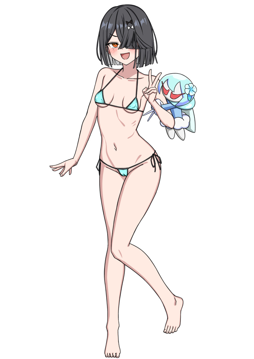 aqua_bikini bare_shoulders bikini black_hair blush breasts brown_eyes fate/grand_order fate_(series) female full_body hair_over_one_eye highres looking_at_viewer micro_bikini mole mole_under_eye muta_poo navel open_mouth short_hair small_breasts smile stuffed_toy swimsuit xu_fu_(fate) xu_fu_(swimsuit_avenger)_(fate) xu_fu_(swimsuit_avenger)_(second_ascension)_(fate) yu_mei-ren_(fate)