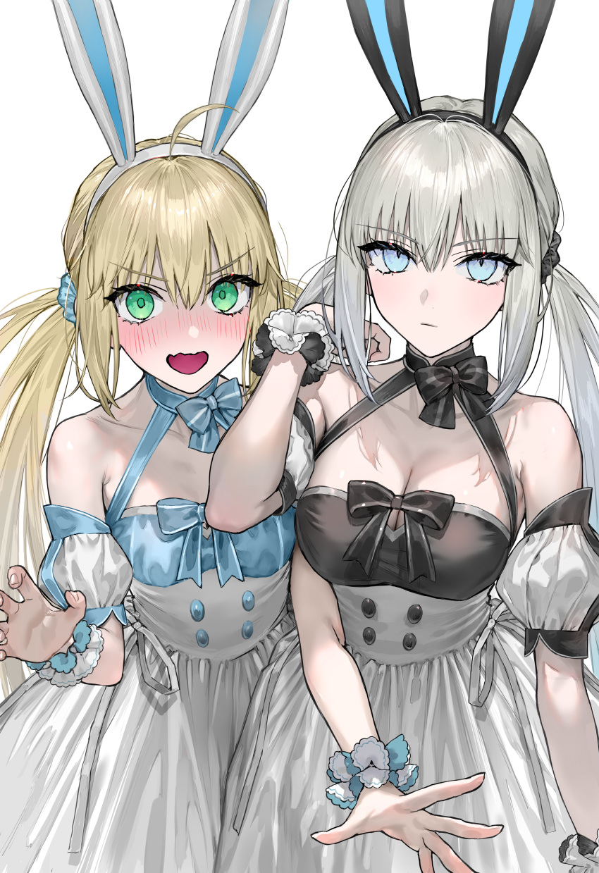 2girls absurdres ahoge animal_ears artoria_caster_(fate) artoria_caster_(swimsuit)_(fate) artoria_caster_(swimsuit)_(second_ascension)_(fate) artoria_caster_(swimsuit)_(second_ascension)_(fate)_(cosplay) artoria_pendragon_(fate) bare_shoulders black_dress blonde_hair blue_dress blue_eyes blush breasts cleavage cosplay dress fake_animal_ears fate/grand_order fate_(series) green_eyes grey_hair hairband highres long_hair looking_at_viewer matching_outfits medium_breasts morgan_le_fay_(fate) multiple_girls nipi27 open_mouth puffy_short_sleeves puffy_sleeves rabbit_ears short_sleeves skirt small_breasts twintails very_long_hair white_skirt