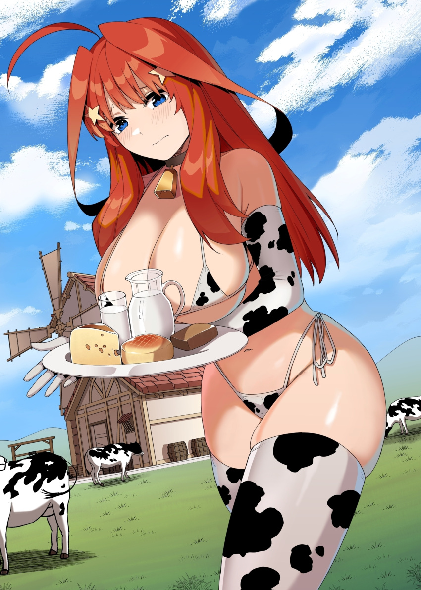 ahoge animal_print bell bikini blue_eyes blue_sky bovine bread breasts cheese cleavage commentary_request cow_print cow_print_bikini cow_print_gloves cow_print_thighhighs cowbell embarrassed farm female food gloves go-toubun_no_hanayome hair_ornament highleg highleg_bikini highres holding holding_tray huge_breasts kosmos_beta long_hair milk nakano_itsuki navel outdoors paid_reward_available print_bikini print_gloves print_thighhighs red_hair side-tie_bikini_bottom sky solo star_(symbol) star_hair_ornament swimsuit thighhighs tray windmill