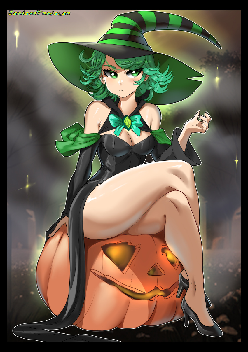 :< absurdres adapted_costume black_dress black_footwear black_sleeves blush breasts cleavage commentary crossed_legs detached_collar detached_sleeves dress english_commentary female flipped_hair full_body green_eyes green_hair halloween halloween_costume hat high_heels highres jack-o'-lantern lewdrover medium_breasts one-punch_man short_hair solo tatsumaki thick_thighs thighs witch_hat