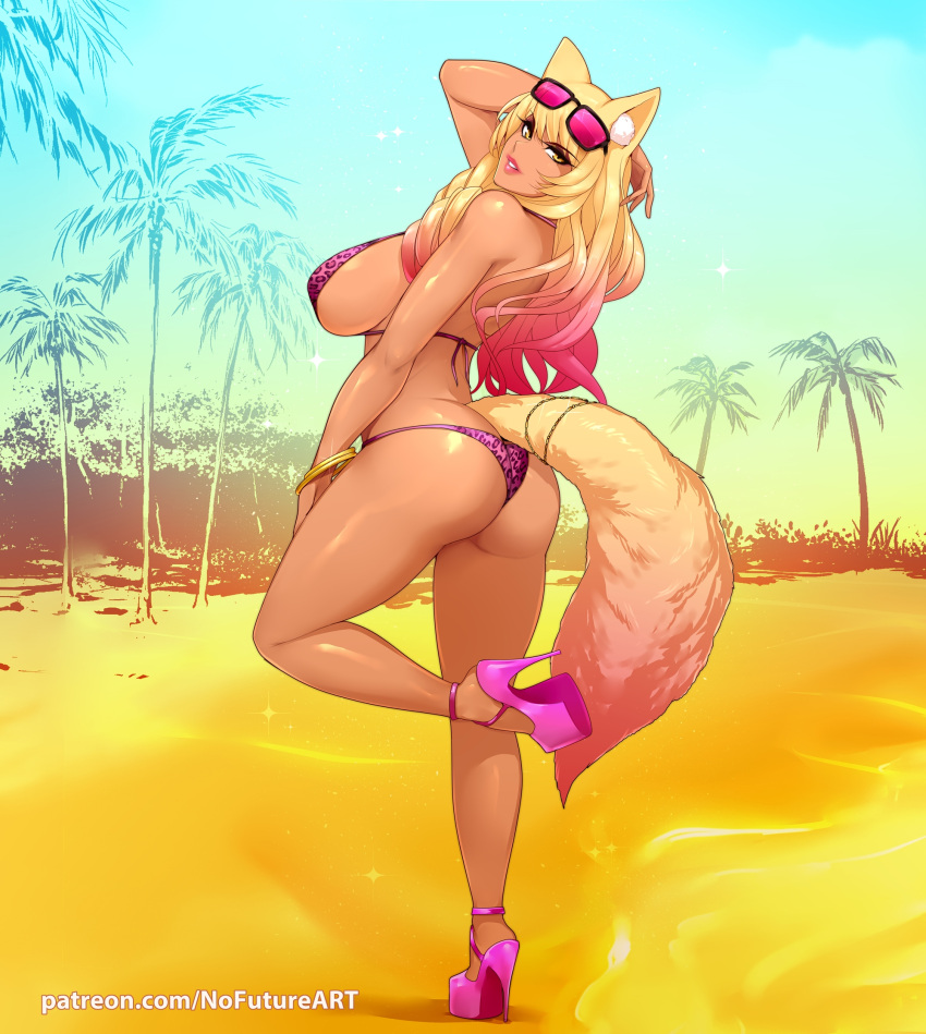 animal_ear_fluff animal_ears animal_print ass beach bikini blonde_hair bracelet breasts day eyewear_on_head fate/grand_order fate_(series) female fox_ears fox_girl fox_tail gradient_hair gyaru high_heels highres jewelry large_breasts leopard_print multicolored_hair nofuture outdoors palm_tree pink_bikini pink_hair solo standing standing_on_one_leg sunglasses suzuka_gozen_(fate) suzuka_gozen_(swimsuit_rider)_(fate) suzuka_gozen_(swimsuit_rider)_(second_ascension)_(fate) swimsuit tail tan tree yellow_eyes