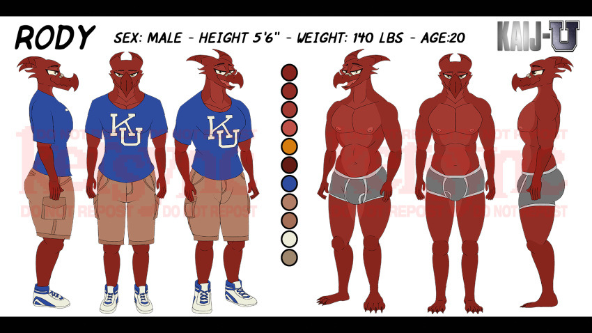 anthro athletic athletic_anthro athletic_male bottomwear cargo_shorts clothed clothing dragon fan_character footwear godzilla_(series) hi_res hybrid kaiju kersync male monster muscular mythological_creature mythological_scalie mythology red_body rodan_(toho) rody_(kersync) scalie shirt shoes shorts toho topwear underwear