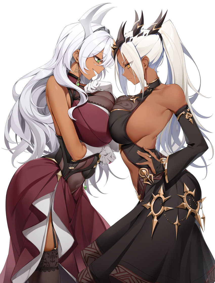 2girls absurdres arms_under_breasts black_dress black_horns black_thighhighs breast_press breasts bridal_gauntlets casul cleavage clothing_cutout commission dark-skinned_female dark_skin detached_sleeves dress earrings from_side garter_straps gloves green_eyes hands_on_own_hips highres horns jewelry large_breasts long_hair looking_at_another multiple_girls multiple_horns original ponytail red_dress smile stomach_cutout symmetrical_docking thighhighs white_background white_gloves white_hair white_horns yellow_eyes