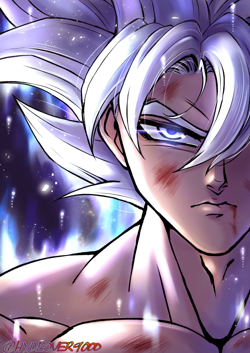 1boy absurdres aura blood blood_on_chest blood_on_face blue_eyes closed_mouth collarbone dragon_ball dragon_ball_super english_commentary glowing glowing_eyes hair_between_eyes highres hydeover9000 light_particles looking_at_viewer male_focus muscular muscular_male pectorals short_hair solo son_goku spiked_hair topless_male twitter_username ultra_instinct