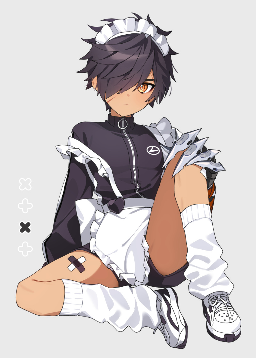 1boy apron bandaid bandaid_on_leg black_hair black_jacket black_shorts claw_(weapon) dark-skinned_male dark_skin elsword expressionless frilled_apron frills grey_background hair_over_one_eye highres jacket knee_up looking_at_viewer maid_apron male_focus orange_eyes raven_cronwell sasa_(sa1008va) scar scar_on_cheek scar_on_face shoes short_hair short_hiar shorts simple_background sitting sneakers solo thighs track_jacket v-shaped_eyebrows waist_apron weapon white_footwear zipper_pull_tab