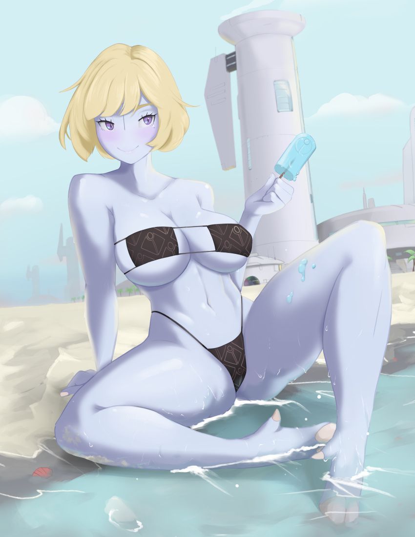 absurdres alien bare_shoulders beach bikini black_bikini blonde_hair blue_skin blush breasts cleavage colored_skin commentary english_commentary eyepatch_bikini female fewer_digits food full_body highleg highleg_bikini highres hooves large_breasts linea_alba navel no_nose ocean pinup_(style) popsicle purple_eyes revision robot_jones_(artist) short_hair sitting smile soaking_feet solo spaghetti_strap spread_legs swimsuit t'au tower underboob warhammer_40k water wet white_nails