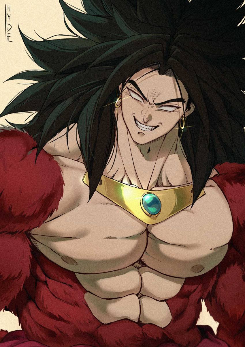 1boy abs absurdres black_hair body_fur broly_(dragon_ball_super) collarbone dragon_ball dragon_ball_gt earrings glint grin highres hoop_earrings hydeover9000 jewelry large_pectorals long_hair male_focus muscular muscular_male nipples no_pupils pectorals red_fur signature smile solo spiked_hair teeth upper_body v-shaped_eyebrows white_background