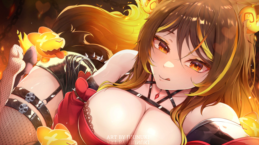 absurdres animal_ears blush breasts brown_hair chains chest_harness cleavage collar collarbone female fiery_ears flame-tipped_tail gradient_tail harness heart highres huge_breasts indie_virtual_youtuber jewelry juunuki long_hair looking_at_viewer multicolored_hair orange_eyes orange_fire pencil_skirt sinder_(vtuber) sinder_(vtuber)_(3rd_costume) skirt skull_ornament smile solo spaghetti_strap spiked_collar spikes streaked_hair tail tail_belt tail_strap thighhighs thighs tight_top tongue virtual_youtuber wolf_ears wolf_girl wolf_tail