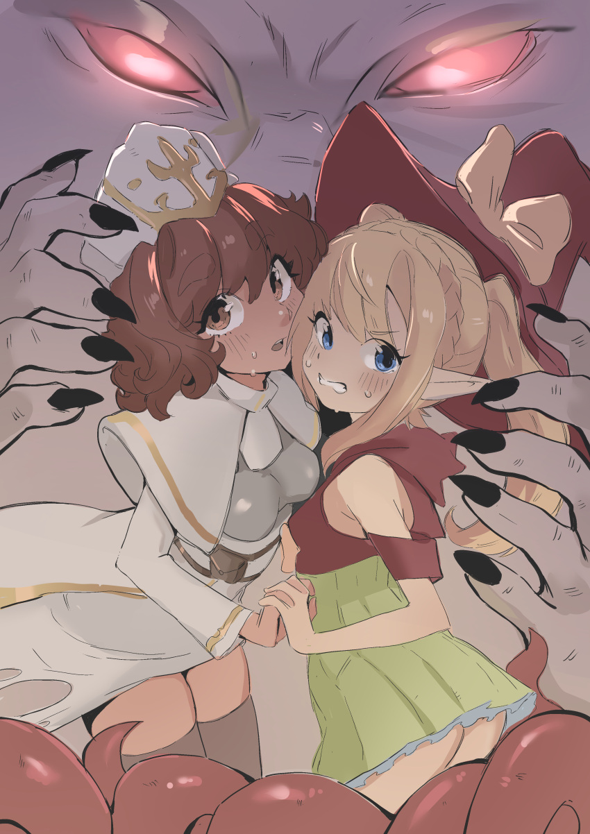 2girls :o absurdres ass bare_shoulders blonde_hair blue_eyes blush bow brown_hair brown_thighhighs cafin clenched_teeth cleric dark-skinned_female dark_skin hat hat_bow highres league_of_legends medium_hair monster multiple_girls pleated_skirt pointy_ears poppy_(poppytartart) red_eyes red_hat red_shirt shiny_clothes shirt short_sleeves skirt sweat taliyah teeth tentacle thighhighs upper_teeth_only white_hat wizard wizard_hat zettai_ryouiki