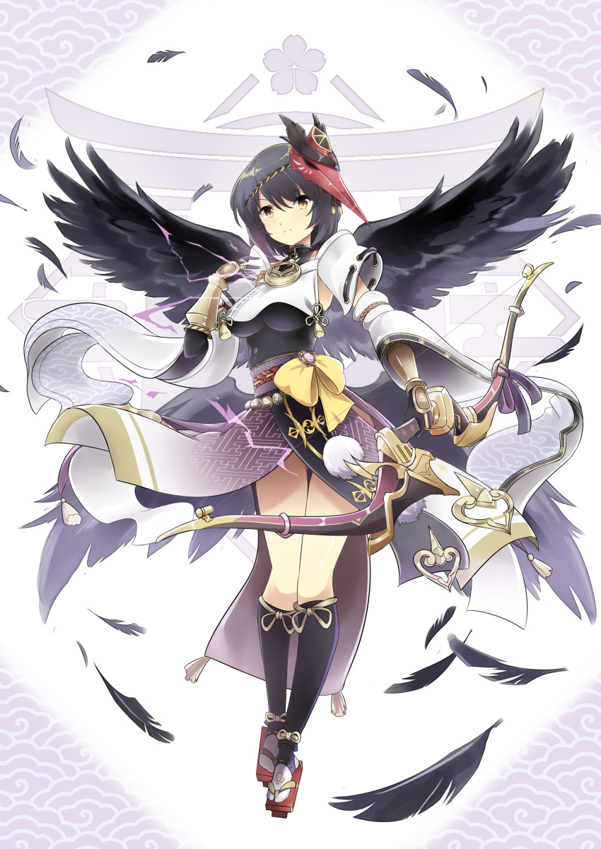 absurdres asa_no_ha_(pattern) asymmetrical_hair bird_mask black_hair black_socks black_wings bow_(weapon) breasts bridal_gauntlets closed_mouth detached_sleeves feathers female full_body gauntlets genshin_impact geta gloves hand_fan highres holding holding_bow_(weapon) holding_weapon japanese_clothes kneehighs kujou_sara layered_legwear looking_at_viewer mask mask_on_head medium_breasts mitsudomoe_(shape) pom_pom_(clothes) red_mask rope sayagata shimenawa short_hair socks solo standing stirrup_legwear sudhiro_sappurisa tabi tassel toeless_legwear tomoe_(symbol) torii v-shaped_eyebrows vision_(genshin_impact) weapon wide_sleeves wings yellow_eyes