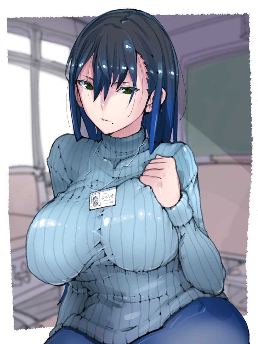 blue_hair blue_pants blue_sweater breasts chalkboard classroom closed_mouth dark_blue_hair female green_eyes hair_between_eyes highres id_card indoors large_breasts long_hair mole mole_under_mouth pants ribbed_sweater sitting solo straight_hair sweater takayama_toshinori toki-sensei_(toki-sensei_wa_kigaetai) toki-sensei_wa_kigaetai turtleneck turtleneck_sweater upper_body