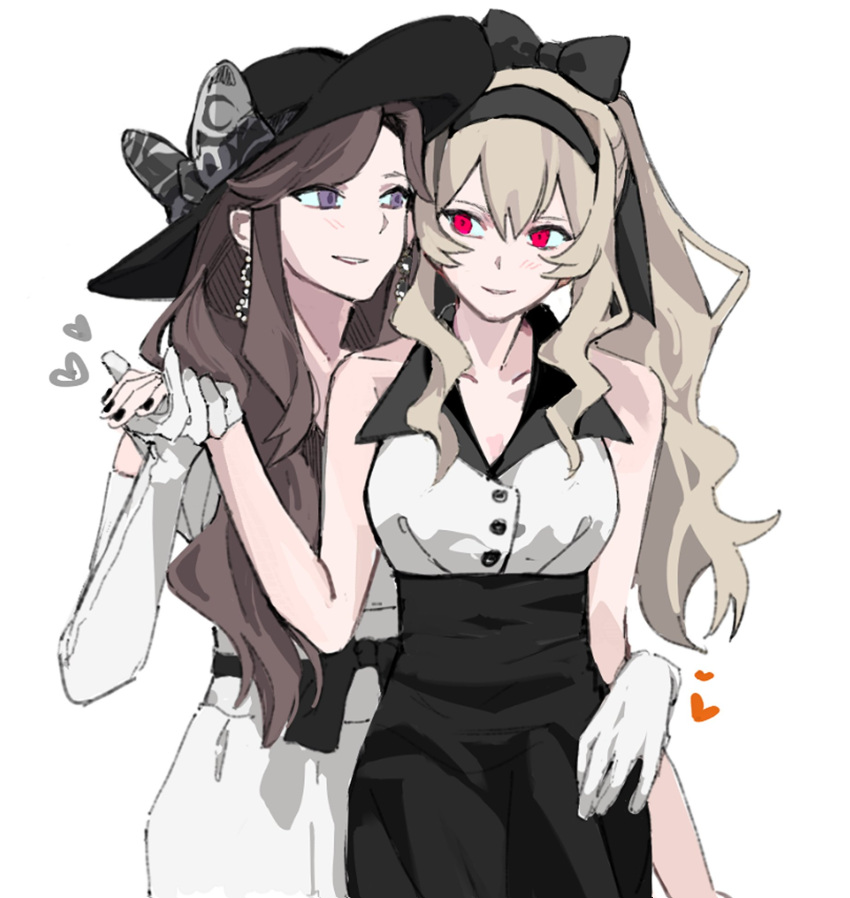 2girls 9urodine bare_arms black_bow black_hairband black_hat black_skirt blonde_hair blush bow brown_hair dress elbow_gloves eye_contact gloves hairband hairbow hand_on_another's_waist hat heart highres holding_hands long_hair looking_at_another multiple_girls parted_lips purple_eyes red_eyes saijou_claudine shirt shoujo_kageki_revue_starlight simple_background skirt sleeveless sleeveless_shirt smile tendou_maya white_background white_dress white_gloves white_shirt yuri