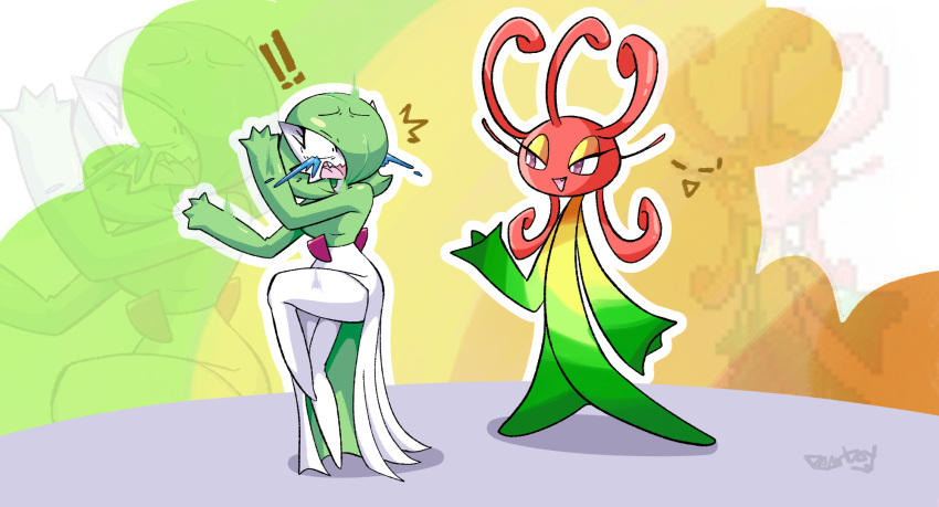 ! !! 2024_pokemon_teraleak ^^^ arm_at_side arms_up artist_name black_eyes bob_cut breasts colored_skin commentary constricted_pupils crying english_commentary eye_contact gardevoir green_hair green_skin hair_over_one_eye half-closed_eyes hand_up highres leg_up legs long_hair looking_at_another medium_breasts multicolored_background multicolored_skin oerba_yun_fang official_art_inset one_eye_covered open_mouth outline pearboy-ooh pokemon pokemon_(creature) purple_eyes red_hair red_skin scared short_hair signature standing standing_on_one_leg streaming_tears surprised tears thighs two-tone_skin waving wavy_mouth white_outline white_skin wide-eyed yellow_skin zoom_layer