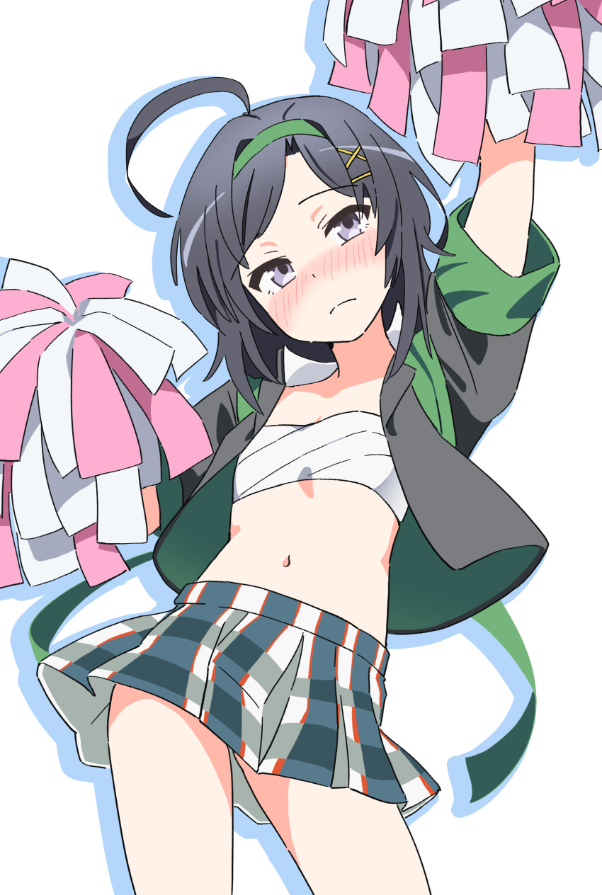 absurdres ahoge arm_up black_eyes black_hair blush breasts cheering cheerleader closed_mouth commission contrapposto cowboy_shot female frown gakuran hair_ornament highres hikigaya_komachi holding holding_pom_poms looking_at_viewer miniskirt navel noyama_takenoko oerba_yun_fang open_clothes pixiv_commission plaid_clothes plaid_skirt pom_pom_(cheerleading) sarashi school_uniform short_hair simple_background skirt small_breasts sobu_high_school_uniform solo white_background x_hair_ornament yahari_ore_no_seishun_lovecome_wa_machigatteiru.