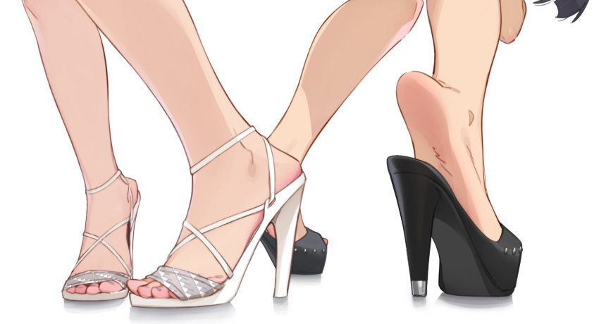 2girls black_footwear commentary english_commentary feet feet_only feguimel foot_focus footwear_focus heel_up high_heels highres multiple_girls original sandals shadow simple_background soles stiletto_heels strappy_heels toenails toes white_background white_footwear