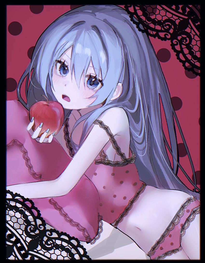 apple aqua_eyes aqua_hair aqua_nails bare_shoulders camisole dutch_angle female food fruit hair_down hatsune_miku highres hiiragi_xoxo holding holding_food holding_fruit imminent_bite lace-trimmed_camisole lace-trimmed_panties lace_trim long_hair lying midriff navel on_stomach open_mouth panties pink_camisole pink_pillow polka_dot polka_dot_background polka_dot_camisole romeo_to_cinderella_(vocaloid) solo strap_slip underwear very_long_hair vocaloid