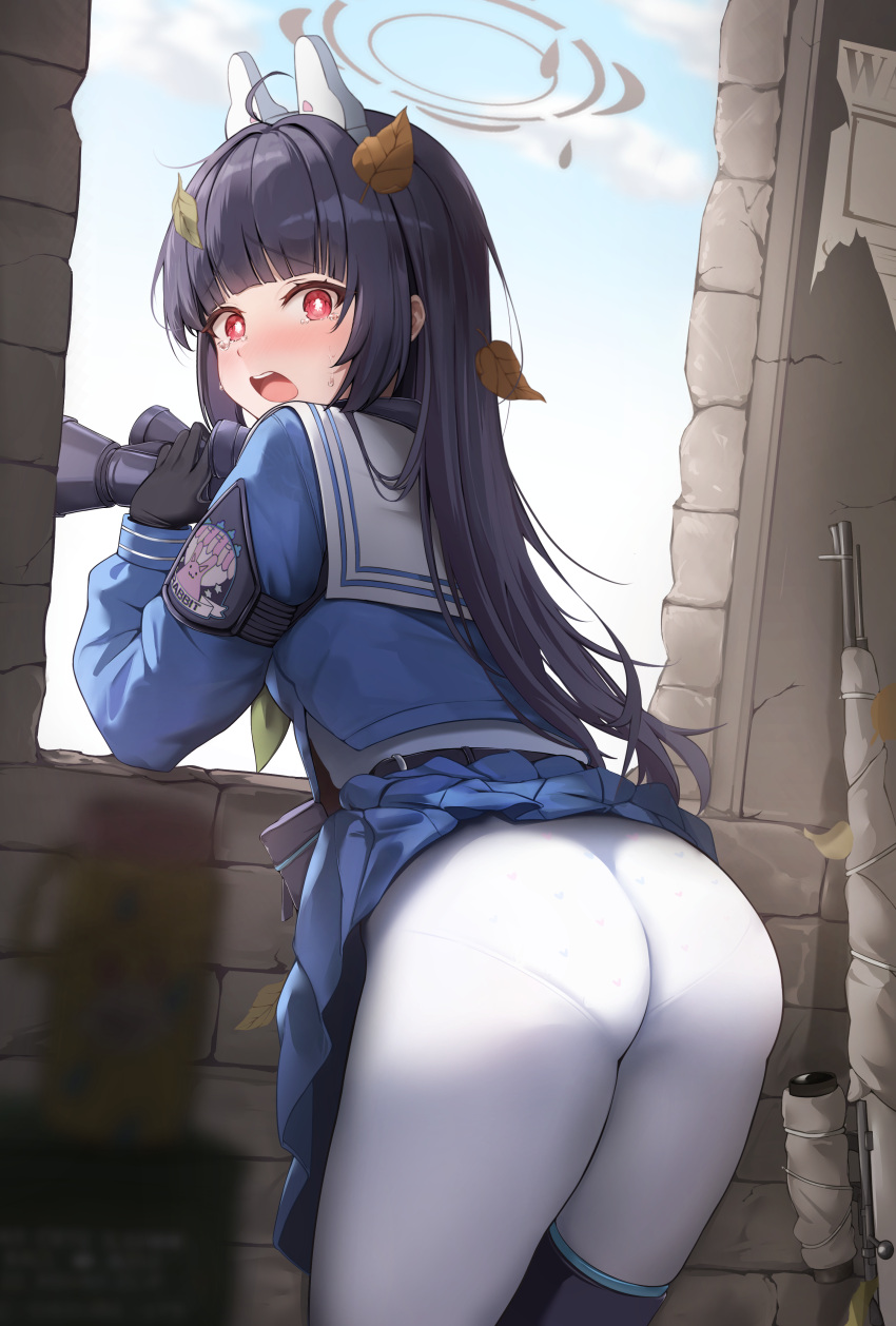 absurdres ass binoculars black_hair blue_archive blue_serafuku bolt_action clothes_lift female grey_halo gun halo highres holding holding_binoculars hooming_illust knee_pads leaf leaf_on_head long_hair looking_at_viewer miyu_(blue_archive) mosin-nagant open_mouth panties panties_under_pantyhose pantyhose rifle school_uniform serafuku single_knee_pad skirt skirt_lift underwear wardrobe_malfunction weapon white_pantyhose