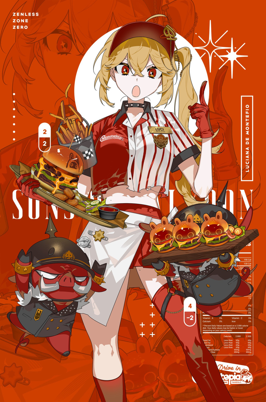 absurdres ahoge alternate_costume bangboo_(zenless_zone_zero) baseball_cap blonde_hair burger cowboy_shot female food gloves hair_between_eyes hat highres long_hair looking_at_viewer luciana_de_montefio midriff mzet navel red_eyes red_gloves red_shorts sauce shorts sidelocks smile solo standing zenless_zone_zero