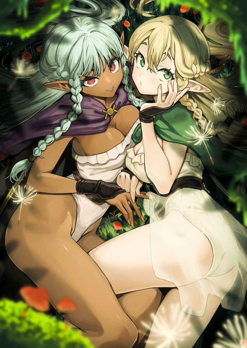 2girls :o aqua_hair ass belt black_belt blonde_hair blush braid breasts cape cleavage clip_studio_paint_(medium) dark-skinned_female dark_elf dark_skin elf eltolinde_(unicorn_overlord) eudetenis fingernails green_cape green_eyes hair_between_eyes hand_on_own_face highleg highleg_leotard highres large_breasts leotard long_hair long_sleeves looking_at_viewer looking_up lying multiple_girls parted_lips pink_nails pointy_ears purple_cape red_eyes rosalinde_(unicorn_overlord) see-through_clothes see-through_skirt siblings sisters skirt thighs twin_braids unicorn_overlord very_long_hair white_leotard