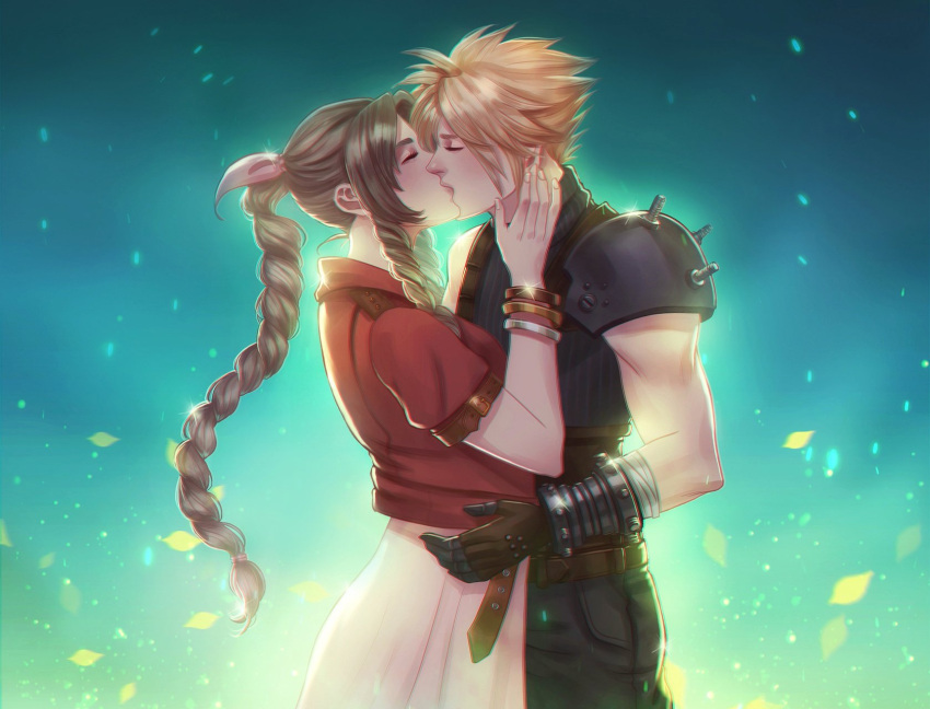 1boy aerith_gainsborough almond_aulait aqua_background armor bandaged_arm bandages bangle belt blonde_hair bracelet braid braided_ponytail brown_belt brown_gloves brown_hair closed_eyes cloud_strife couple cropped_jacket dress falling_petals female final_fantasy final_fantasy_vii final_fantasy_vii_remake gloves hair_ribbon hand_on_another's_neck highres jacket jewelry kissing long_hair multiple_belts parted_bangs petals pink_dress pink_ribbon red_jacket ribbon short_hair short_sleeves shoulder_armor sidelocks single_bare_shoulder single_braid single_shoulder_pad spiked_hair straight suspenders upper_body yellow_petals