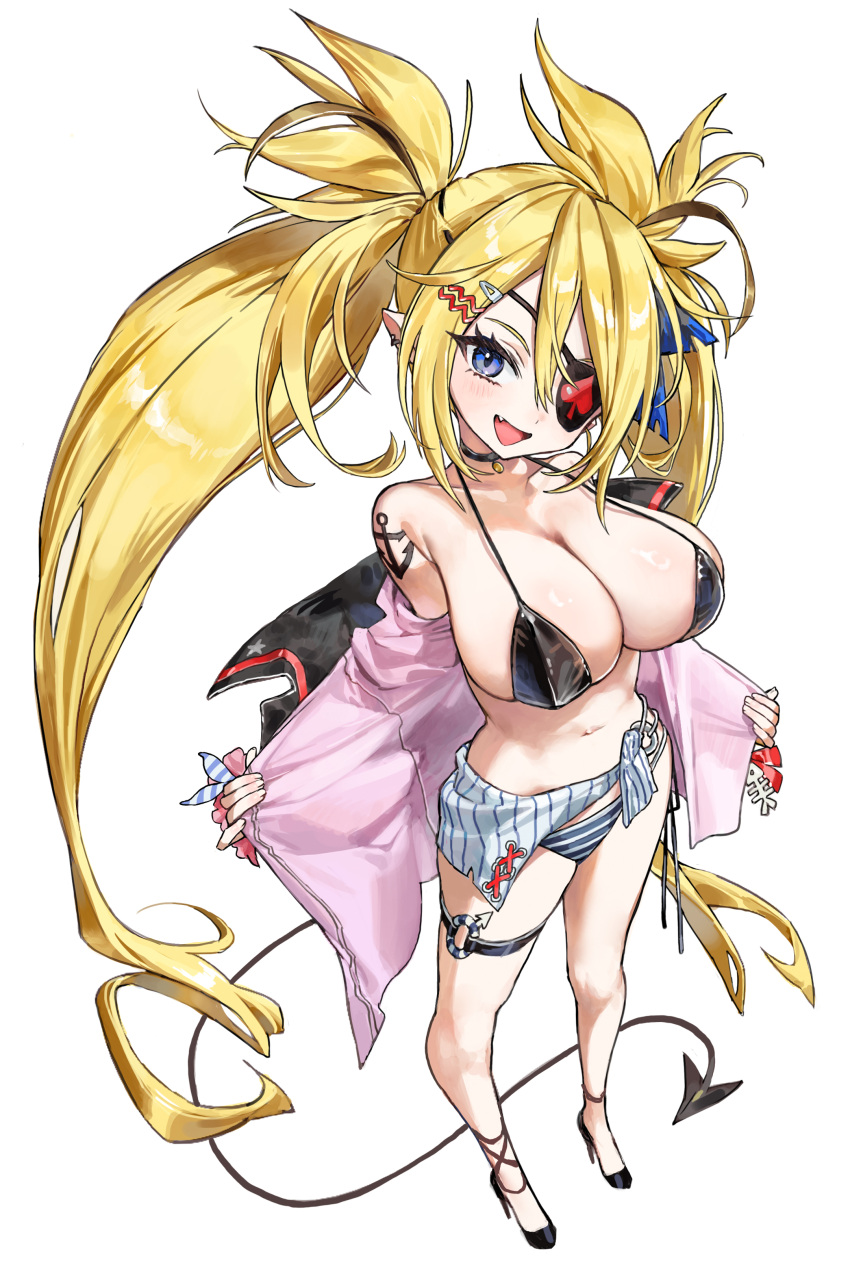 absurdres anchor_tattoo bare_shoulders bikini black_bikini black_choker black_footwear black_jacket blonde_hair blue_eyes breasts choker cleavage demon_tail eyepatch female full_body hair_ornament hairpin head_tilt high_heels highres jacket large_breasts long_hair looking_at_viewer mismatched_bikini navel oerba_yun_fang open_clothes open_jacket open_mouth original pink_shirt pointy_ears seeshin_see shirt simple_background smile solo standing striped_bikini striped_clothes swimsuit tail tattoo thigh_strap twintails very_long_hair white_background