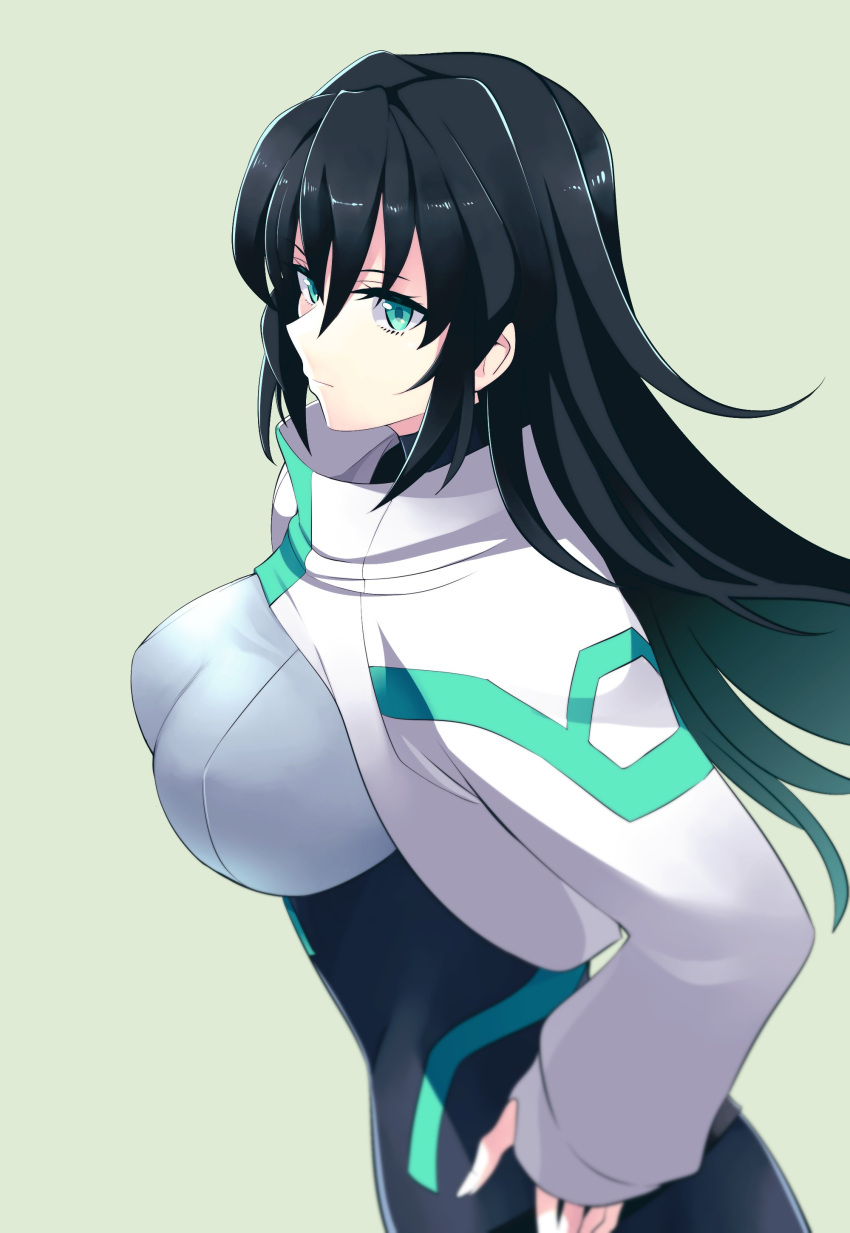 absurdres black_bodysuit black_hair bodysuit breasts closed_mouth commentary expressionless female floating_hair from_side green_background green_eyes gundam gundam_build_divers gundam_build_divers_re:rise hair_between_eyes hand_on_own_hip highres ishiyumi large_breasts long_hair long_sleeves looking_at_viewer may_(gundam_build_divers_re:rise) shrug_(clothing) sideways_glance simple_background skin_tight solo upper_body very_long_hair