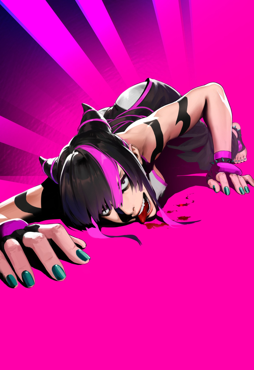 absurdres all_fours aqua_nails ass black_hair black_pants blood female hair_horns highres jackboo juri_han licking_blood looking_at_viewer multicolored_hair pants pink_hair solo stirrup_footwear streaked_hair street_fighter street_fighter_6 tongue tongue_out