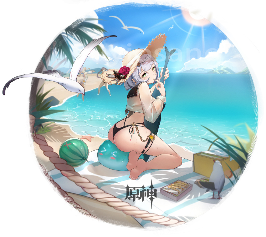 3girls absurdres ass ball barbara_(genshin_impact) barbara_(summertime_sparkle)_(genshin_impact) beach beachball bento bikini bird blue_sky braid breasts character_request cloud day female flower food genshin_impact green_eyes grey_hair hair_ornament hat highres mona_(genshin_impact) multiple_girls noelle_(genshin_impact) ocean outdoors palm_tree rice rose seabird seagull shirt short_hair shrimp shrimp_tempura sky sun_hat swimsuit tempura thigh_strap tree white_shirt yuyiosang