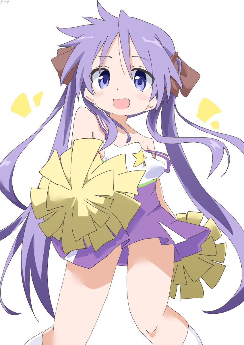 absurdres blush cheerleader cowboy_shot cynical_(llcbluckg_c004) dress female hair_between_eyes hair_ribbon highres hiiragi_kagami looking_at_viewer looking_down lucky_star open_mouth pom_pom_(cheerleading) purple_dress purple_hair ribbon simple_background sleeveless sleeveless_dress solo twintails