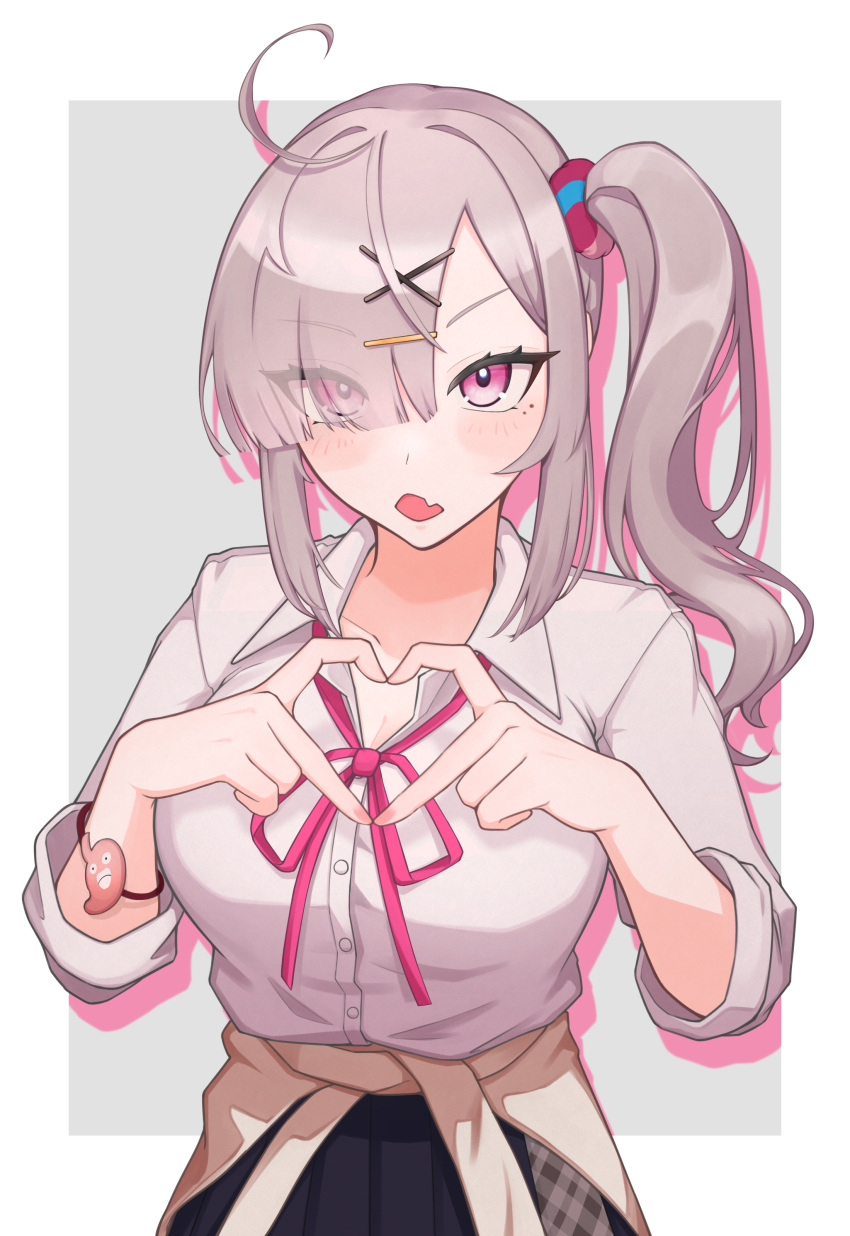 absurdres ahoge blush bow braid breasts eyes_visible_through_hair female finger_heart grey_hair hair_ornament hair_over_one_eye highres large_breasts long_hair looking_at_viewer mole mole_under_eye nijisanji norinki_(ringknightsaki) open_mouth purple_eyes school_uniform serafuku shirt side_ponytail skirt solo sukoya_kana sukoya_kana_(3rd_costume) virtual_youtuber x x_hair_ornament