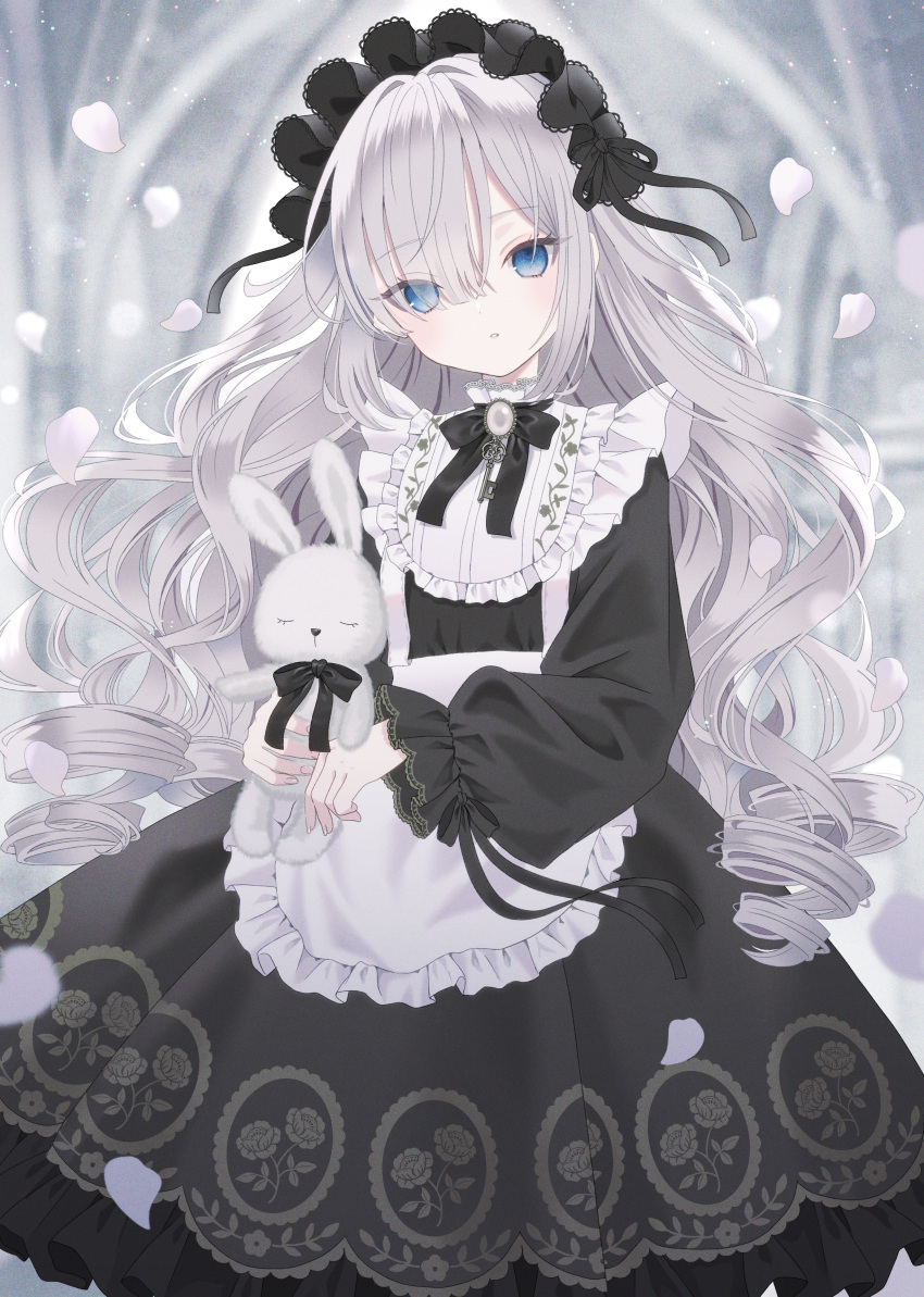 absurdres apron black_bow black_bowtie black_dress blue_eyes blurry blurry_background blush bow bowtie collar dress drill_hair empty_eyes female floral_print frilled_collar frilled_dress frills goth_fashion gothic_lolita grey_hair hairband highres holding holding_stuffed_toy lolita_fashion lolita_hairband long_hair long_sleeves looking_at_viewer original paruno print_dress solo stuffed_animal stuffed_rabbit stuffed_toy white_apron