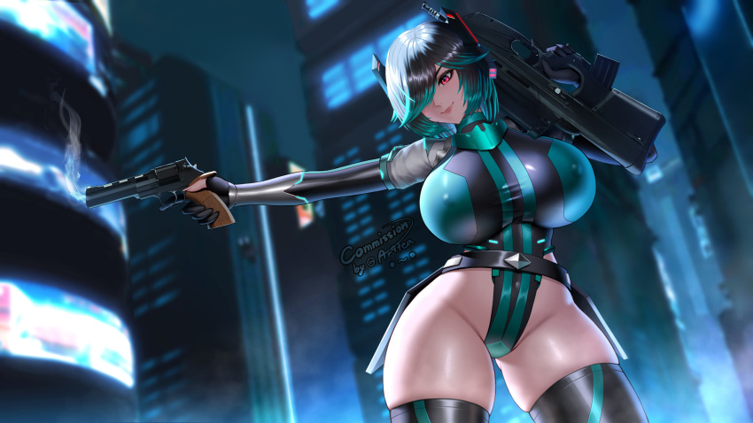 aqua_hair aqua_leotard ar9tea assault_rifle belt black_hair black_leotard black_thighhighs breasts bullpup commission cyberpunk dual_wielding female fn_f2000 gun hair_over_one_eye headgear highres holding huge_breasts jacket leotard lips mateba_model_6_unica multicolored_hair multicolored_leotard night original red_eyes rifle short_hair skindentation smile smoke smoking_barrel solo streaked_hair taut_clothes thick_thighs thighhighs thighs weapon wide_hips