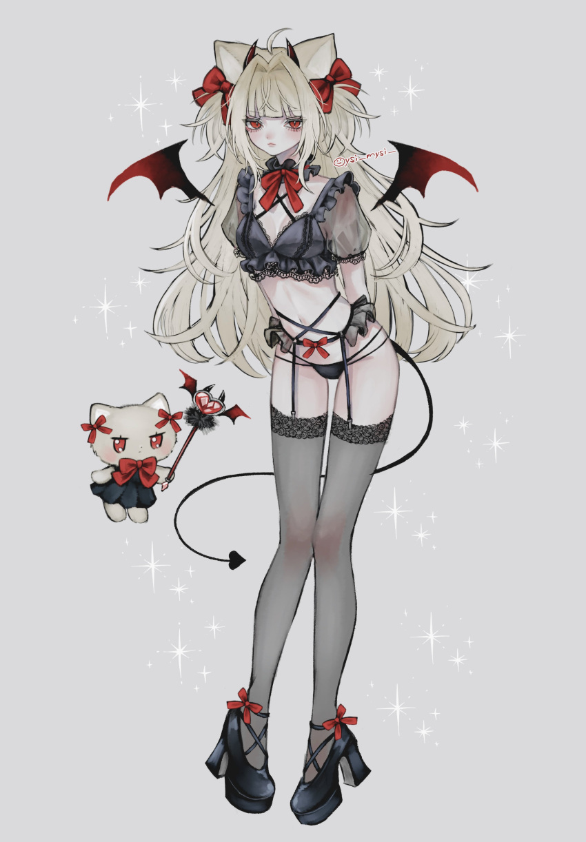 absurdres animal_ears ankle_strap arms_behind_back blonde_hair bow cat_ears commentary cropped_shirt demon_girl demon_horns demon_tail demon_wings detached_collar expressionless feline female footwear_ribbon full_body garter_belt hairbow high_heels highres horns long_hair looking_at_viewer navel neck_ribbon original oysi_mysi panties red_eyes ribbon see-through_clothes see-through_sleeves short_sleeves solo sparkle symbol-only_commentary tail thighhighs two_side_up underwear very_long_hair wand wings