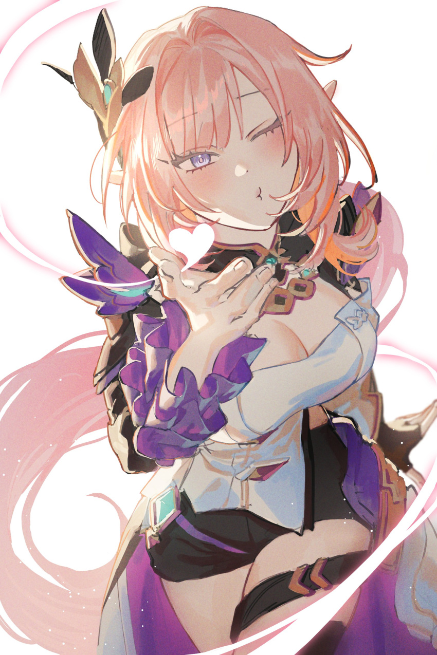 absurdres black_shorts blush breasts cleavage cowboy_shot elysia_(honkai_impact) female hair_ornament hand_up highres honkai_(series) honkai_impact_3rd long_hair looking_at_viewer one_eye_closed pink_hair pointy_ears purple_eyes q_(llll4414_j) shirt short_shorts shorts solo standing strapless strapless_shirt thighs very_long_hair white_background white_shirt