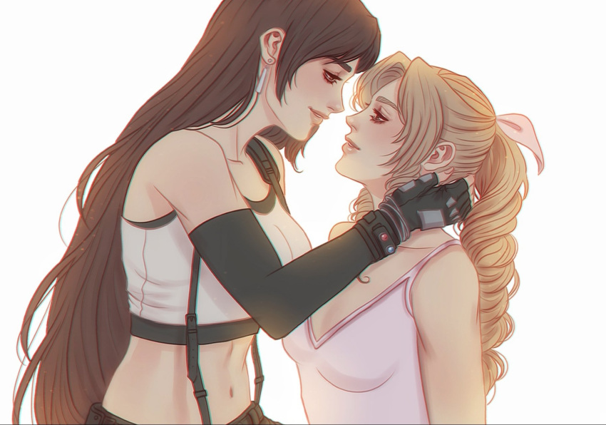 2girls aerith_gainsborough almond_aulait bare_shoulders black_bra black_hair black_skirt bra braid braided_ponytail breasts brown_hair closed_mouth crop_top dress earrings elbow_gloves final_fantasy final_fantasy_vii final_fantasy_vii_remake fingerless_gloves gloves hair_ribbon half-closed_eyes hand_in_another's_hair highres imminent_kiss jewelry looking_at_another materia medium_breasts midriff multiple_girls navel parted_bangs parted_lips pink_dress pink_ribbon ribbon shirt sidelocks single_braid skirt sleeveless sleeveless_dress sleeveless_shirt sports_bra suspenders tifa_lockhart underwear upper_body white_background white_shirt yuri