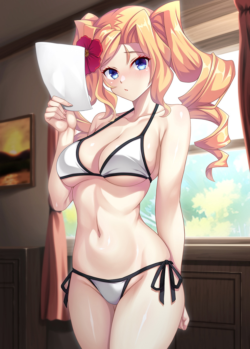 bikini black_trim blonde_hair blue_eyes breasts drill_hair female flower hair_flower hair_ornament hibiscus highres holding holding_paper honolulu_(kancolle) honolulu_(swimsuit_mode)_(kancolle) indoors kantai_collection large_breasts long_hair looking_at_viewer navel paper red_flower ruin_re_birth side-tie_bikini_bottom solo standing string_bikini swimsuit twin_drills twintails white_bikini