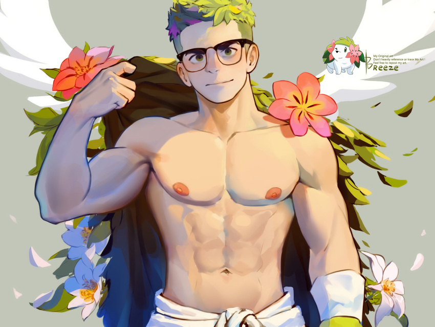 1boy abs artist_name bara breezem18 cape commentary english_commentary flower glasses green_eyes green_hair highres looking_at_viewer male_focus navel nipples pectorals personification pokemon reference_inset shaymin short_hair toned toned_male topless_male undercut upper_body