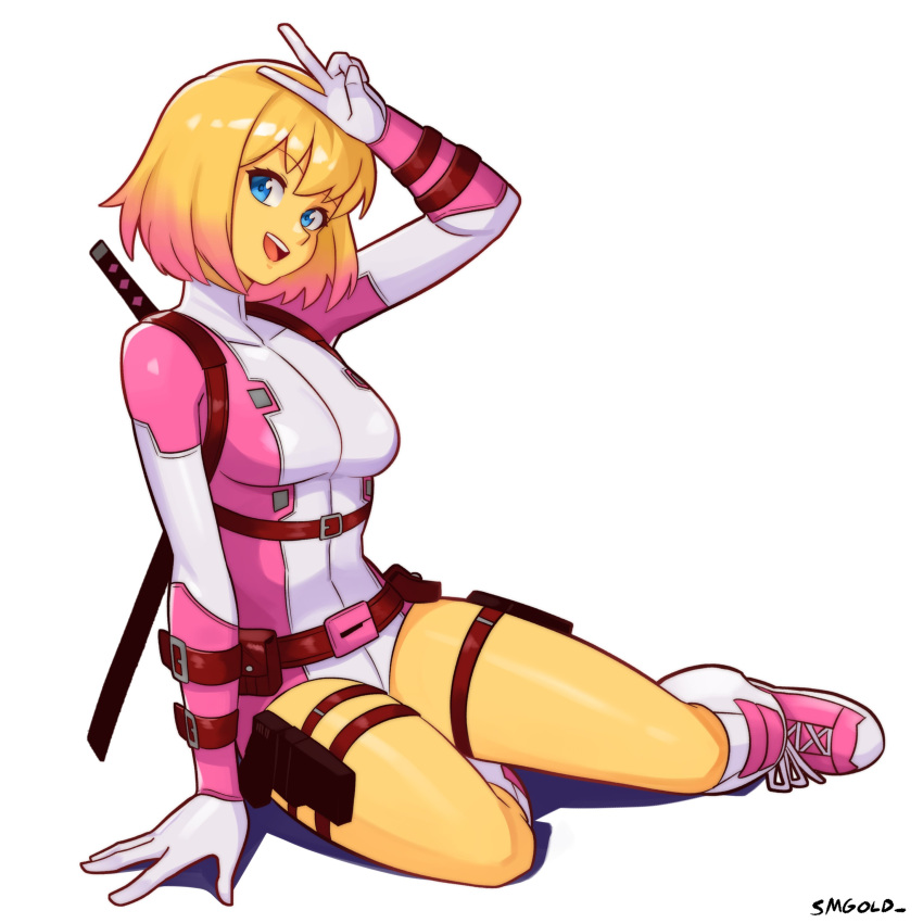 absurdres artist_name belt belt_buckle belt_pouch blonde_hair blue_eyes breasts brown_belt buckle female gloves gradient_hair gwenpool hand_up highres holster leotard looking_at_viewer marvel medium_breasts multicolored_hair open_mouth pink_footwear pink_leotard pouch shadow shin_guards shoes short_hair simple_background sitting smgold smile sneakers solo superhero_costume teeth thigh_holster upper_teeth_only v white_background white_gloves yokozuwari