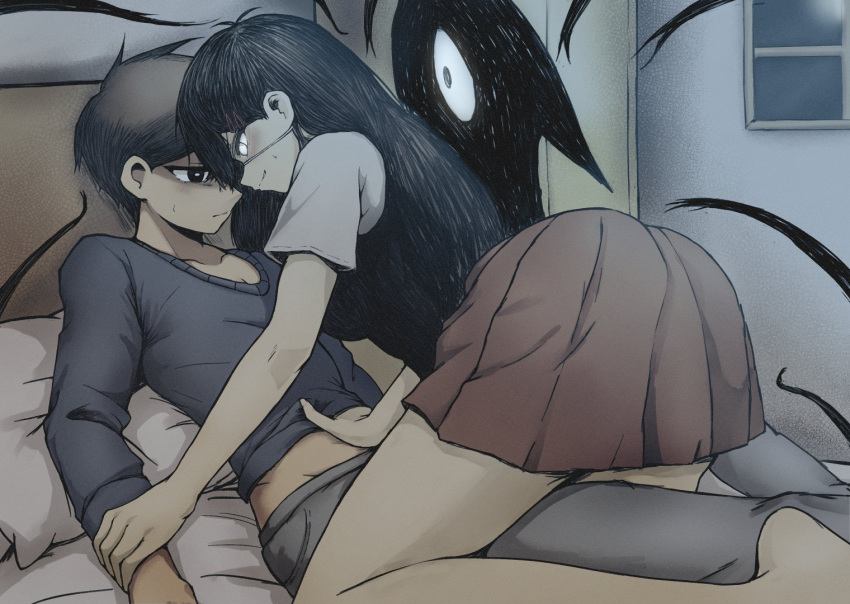 1boy antenna_hair ass bed black_eyes black_hair black_vest eyepatch female full_body genderswap_(mtf) hero_(omori) lying omori on_back on_bed pillow rule_63 shirt skirt smile something_(omori) straight sunny_(omori) v-neck vegasvat1 vest white_shirt