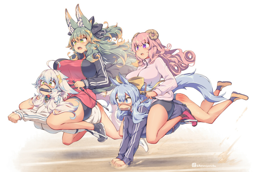 4girls animal_ears bit_gag blue_eyes blue_hair blue_jacket breasts curled_horns gag green_eyes green_hair horns jacket kuromiya kuromiya_raika_(kuromiya) kuzakura_mika_(kuromiya) large_breasts long_hair long_sleeves multicolored_hair multiple_girls orange_hair original pink_hair purple_eyes red_shirt riding running sheep_horns shiromiya_asuka_(kuromiya) shirt sitting sitting_on_person souma_ren_(kuromiya) thighs track_jacket two-tone_hair white_jacket