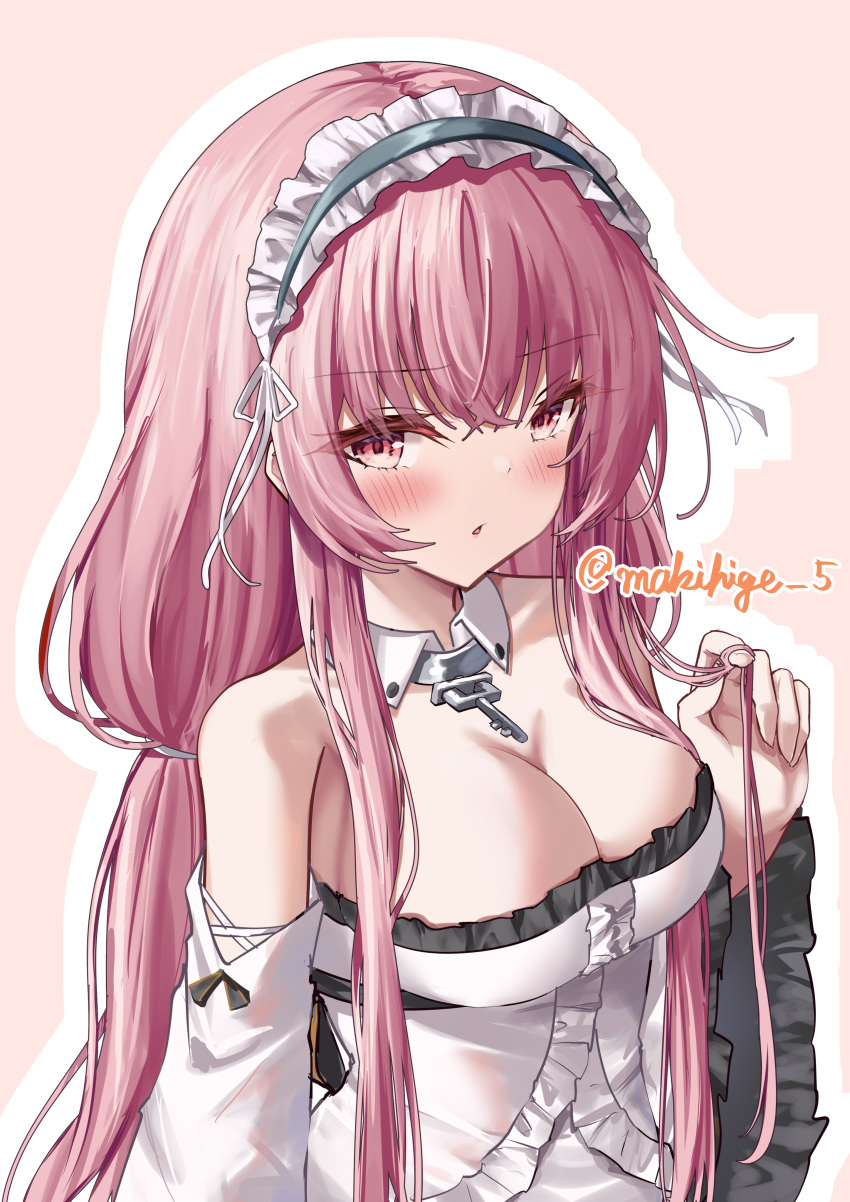 absurdres azur_lane blush breasts commentary_request detached_collar female fingernails frilled_hairband frills hairband hand_up highres jewelry key key_necklace large_breasts long_hair looking_at_viewer low_twintails makihige necklace outline parted_lips perseus_(azur_lane) pink_background pink_eyes pink_hair playing_with_own_hair simple_background solo twintails twitter_username upper_body very_long_hair white_outline white_sleeves wide_sleeves