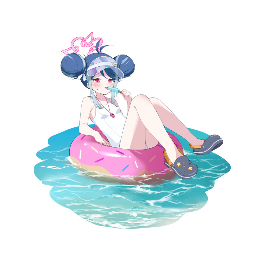 absurdres antenna_hair bare_arms bare_legs bare_shoulders blue_archive chiimanju crocs double_bun doughnut doughnut_innertube female food fubuki_(blue_archive) fubuki_(swimsuit)_(blue_archive) hair_bun halo highres holding holding_food holding_ice_cream ice_cream no_socks one-piece_swimsuit pink_eyes pink_halo pink_innertube popsicle simple_background solo swimsuit visor_cap whistle whistle_around_neck white_background white_one-piece_swimsuit